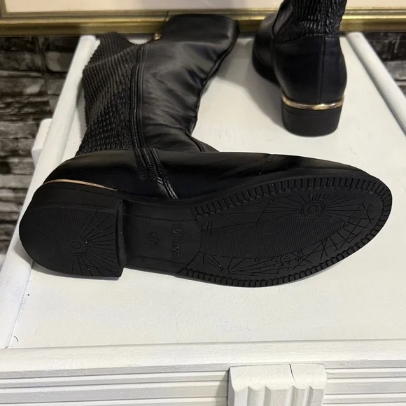 Black Knee-High Women's Boots features zipper on side and gold around the heels - Picture 8 of 11